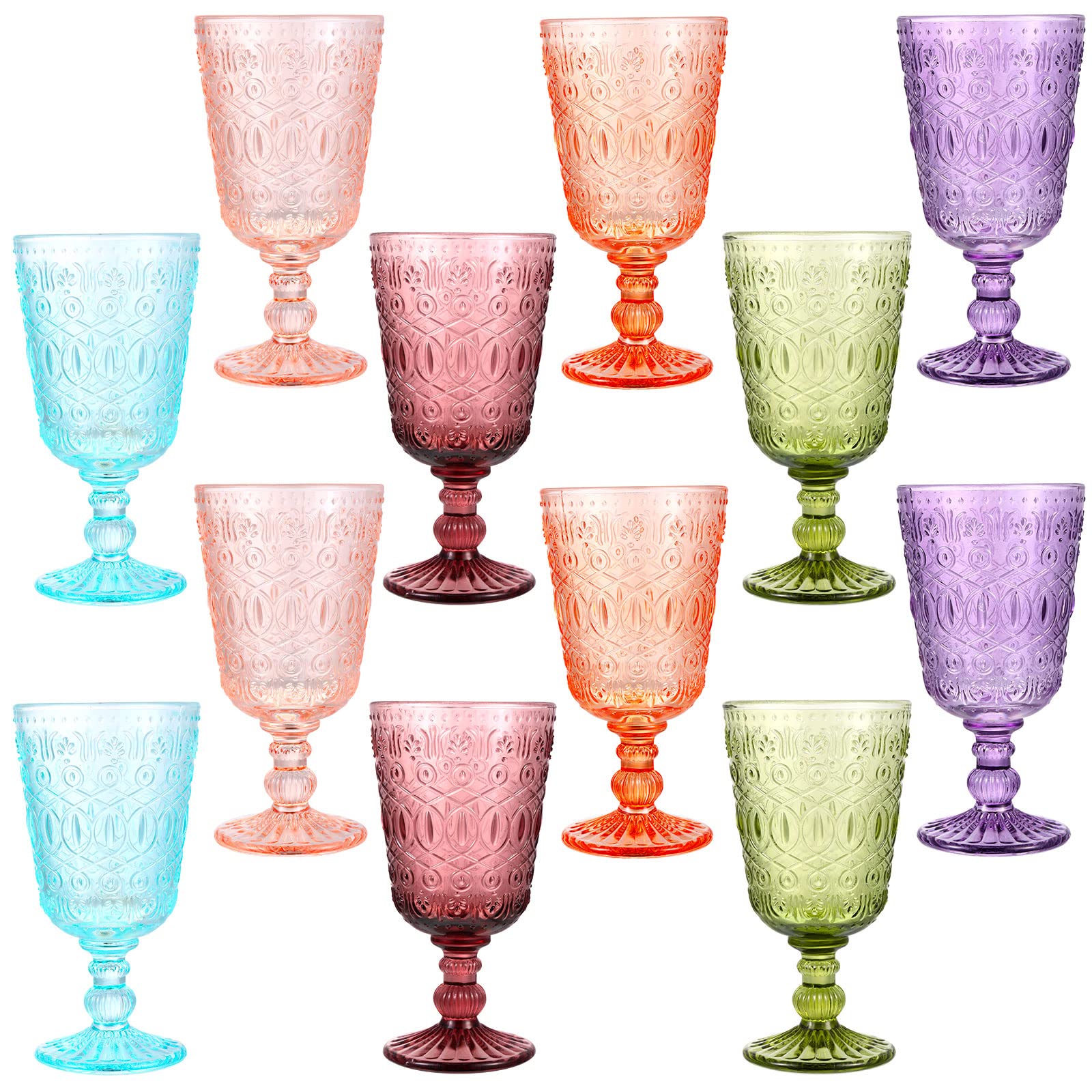 Photo 1 of Eaasty Wine Glasses Set of 12 Vintage Goblet 9 oz Vintage Colored Glass Goblet Beverage Stemmed Glass Cups Romantic Embossed Glassware for Wedding Party Holidays Anniversary (Multi Colors)