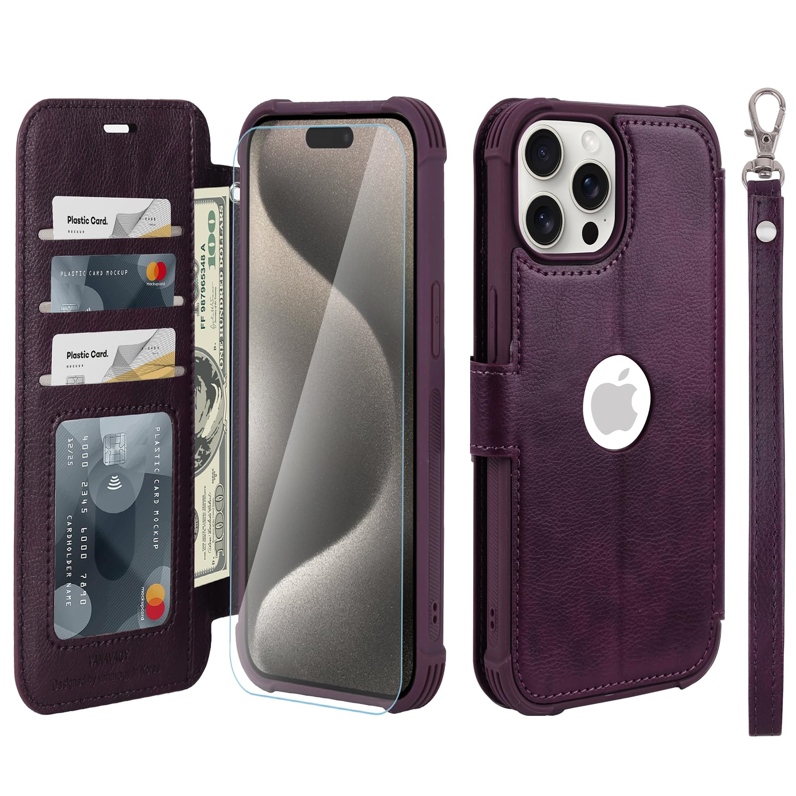 VANAVAGY Compatible for iPhone 15 Pro Wallet Case, 12ft Drop Protection, RFID Blocking PU Leather Flip Cover, Card Holder & Kickstand, Shockproof Phone Case for 15 Pro-6.1 Inch,Purple — image 1
