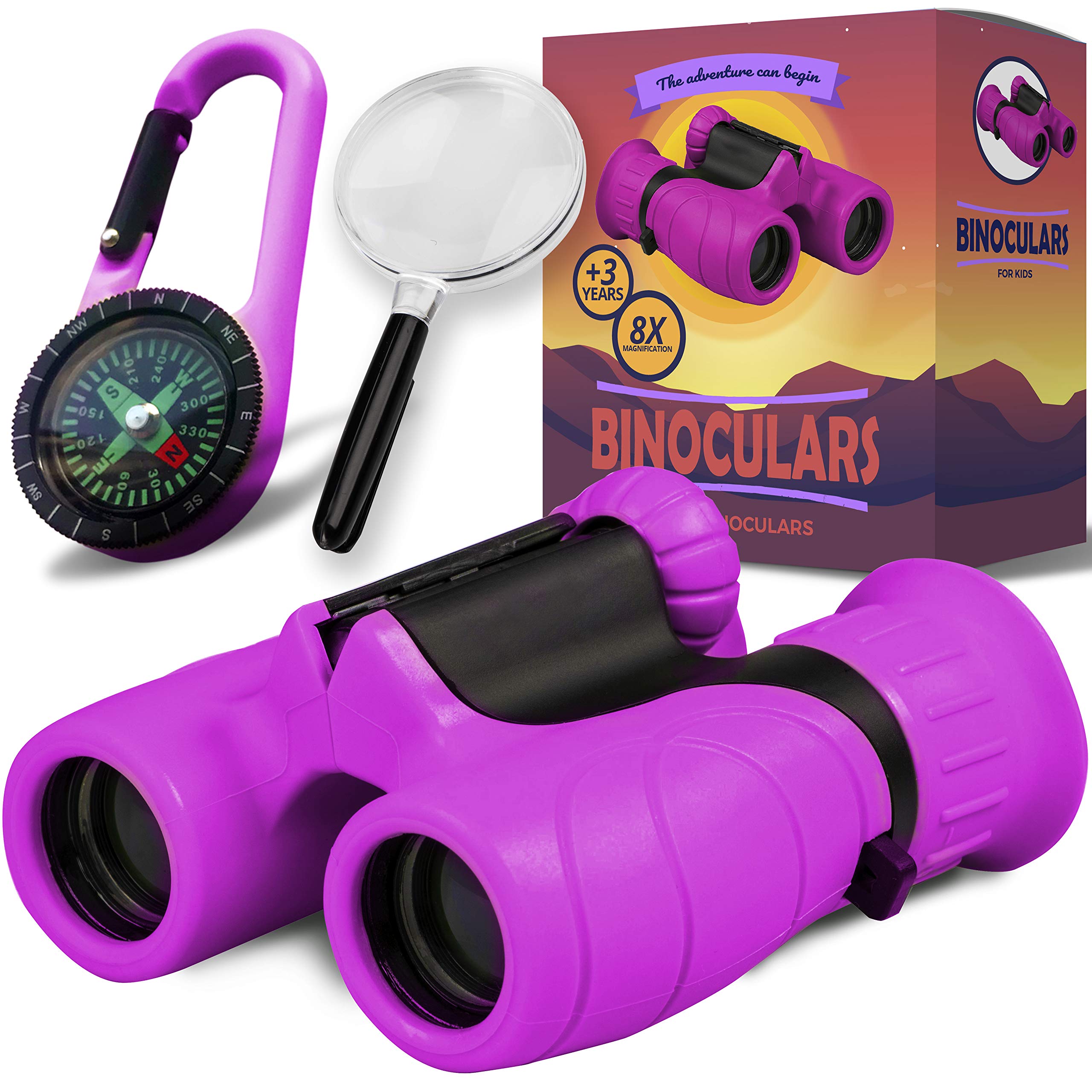 Promora Binoculars for Kids, Set with Magnifying Glass & Compass Purple - Easter Toys, Kids Binoculars for 3-12 Years Boys and Girls for Toddler, Eastergift