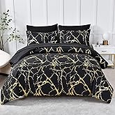Yogeneg Gold Metallic Marble Comforter Set Queen Size,7 Piece Bed in a Bag,Foil Print Glitter Black Comforter and Sheet Set,All Season Soft Microfiber Complete Bedding Sets(Black,Queen)