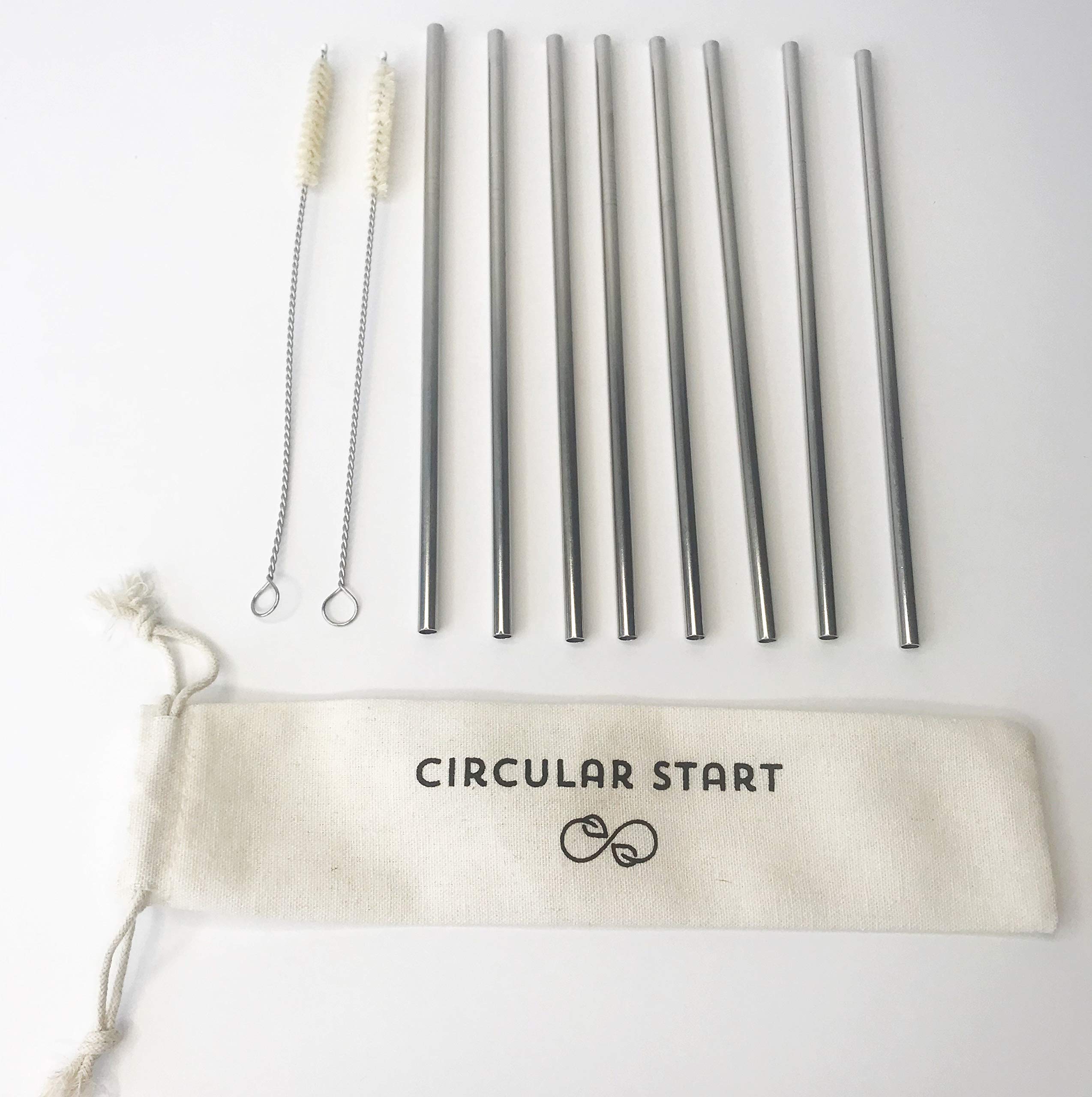 Reusable Stainless Steel Straws by Circular Start – Set of 8 Silver Straight Drinking Straws with 2 Cleaners – Eco Friendly, Plastic Free, BPA Free