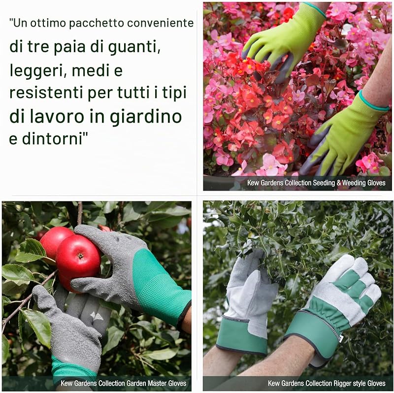 TRIOMGLOVESKEW Collection Kew Gardens Set Guanti trio 3 paia, semina e diserbo, manutenzione del giardino, Guanti da lavoro tipo rigger, taglia M