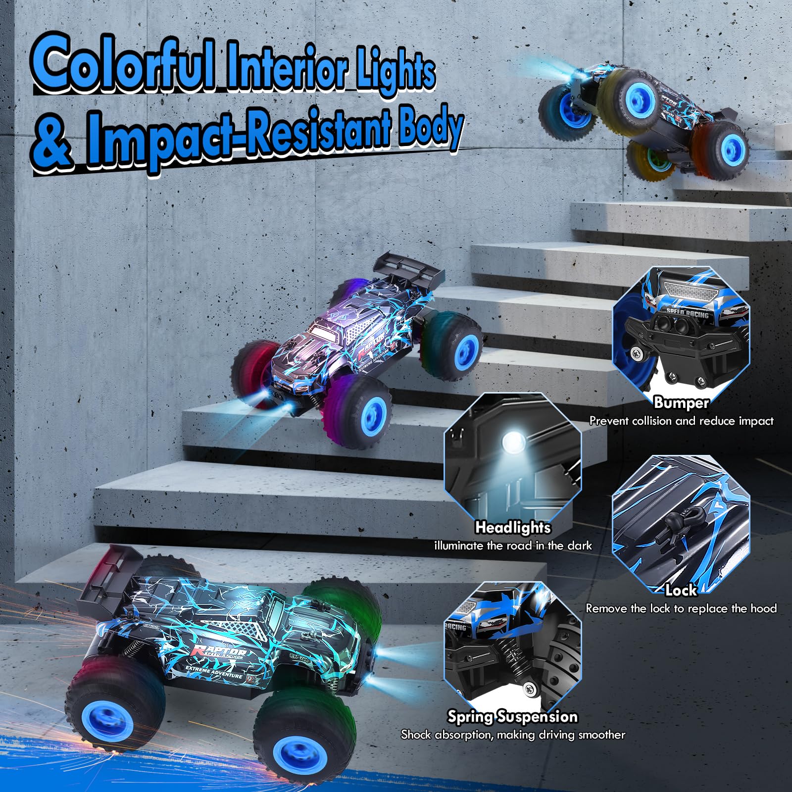 Remote Control Car, 1:18 Scale Rc Cars, All-Terrain RC Truck with LED Light, 20KM/H, Rechargeable, 2WD, 2.4GHz, Sturdy PVC Shell, Remote Control Truck for Boys 4-7 8-12, Beginner