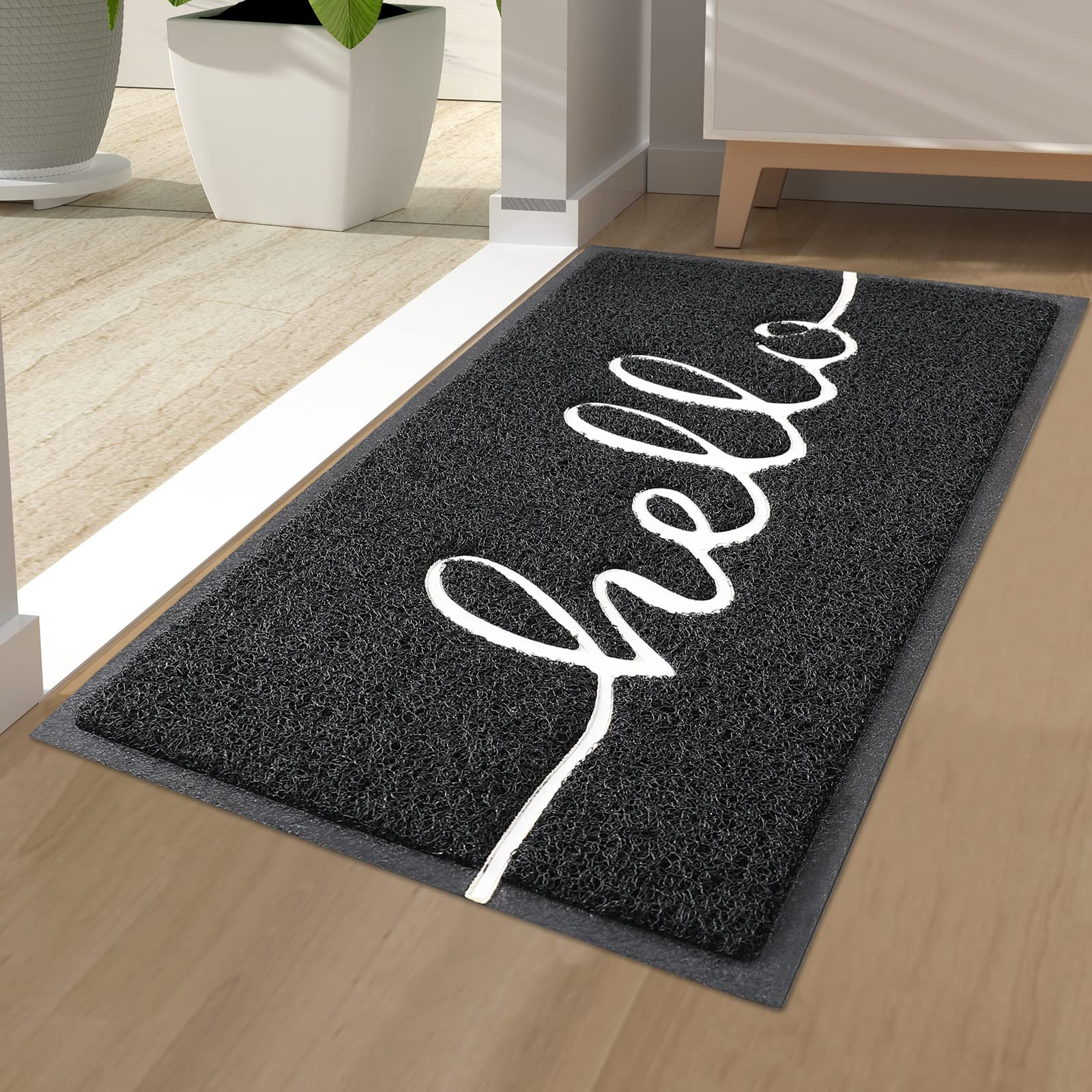 Homaxy Hello Door Mat, Dirt Trapper Doormats Non-Slip Low Profile Durable Door Mat for Outdoor, Indoor, Entrance, Patio, Front Back Door — (40 x 60cm, Black)