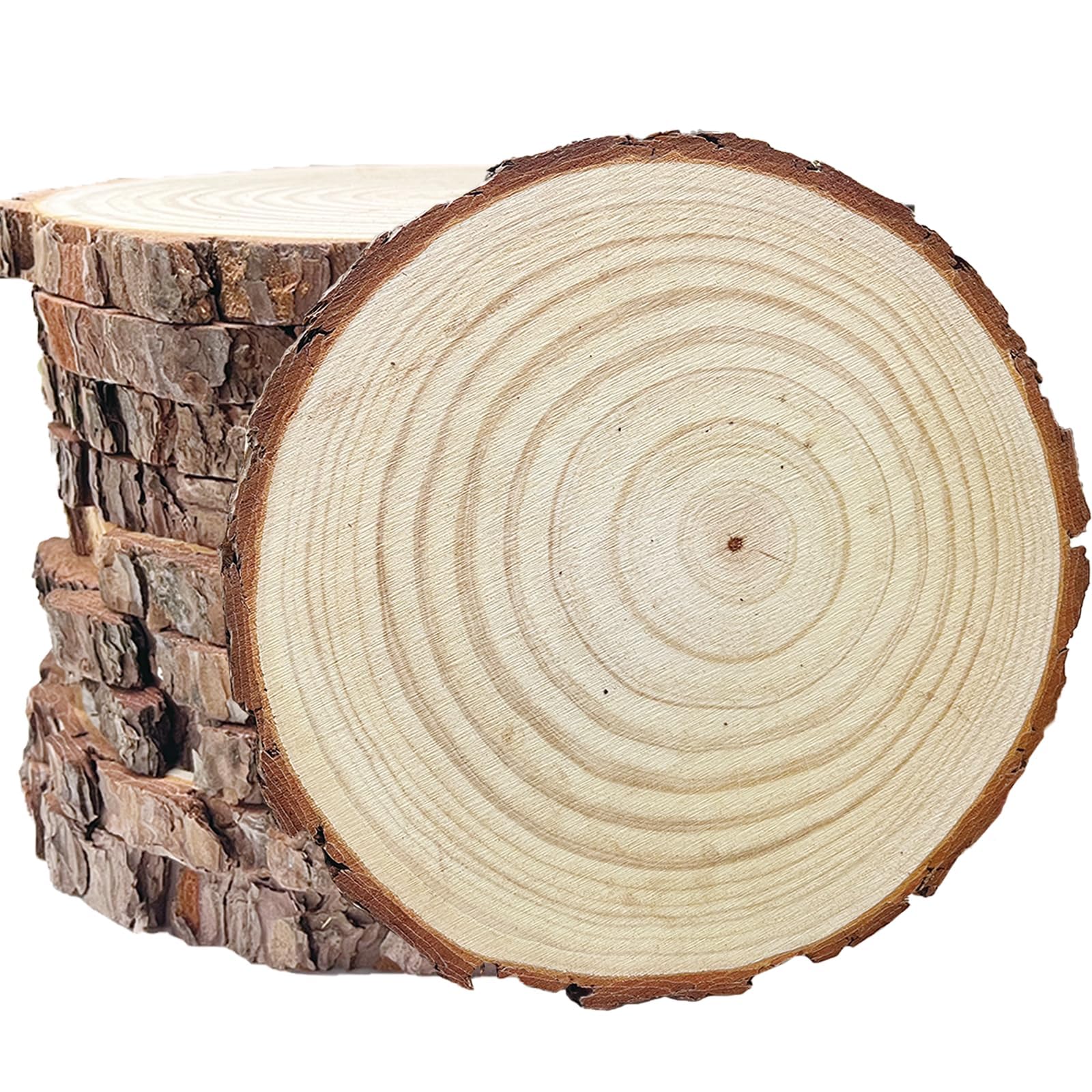 Photo 1 of 10 Pcs 9-11 Inch Unfinished Wood Slices for Centerpieces,Natural Wood Rounds for Crafts Rustic Wedding and Table Decorations,Wooden Discs with Tree Bark,Ideal for Crafts,Painting,and Holiday Decor