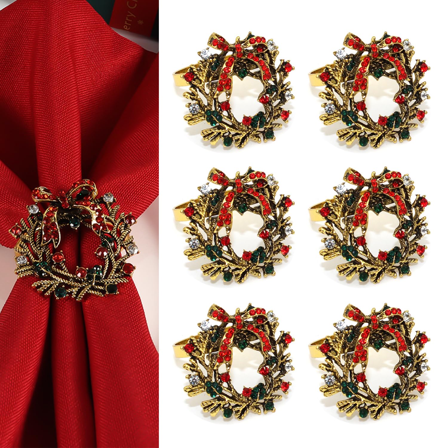 Christmas Wreath Napkin Rings, 6 PCS Christmas Themed Napkin Holder Napkin Buckles for Xmas Holiday Wedding Party Dinner Table Decoration