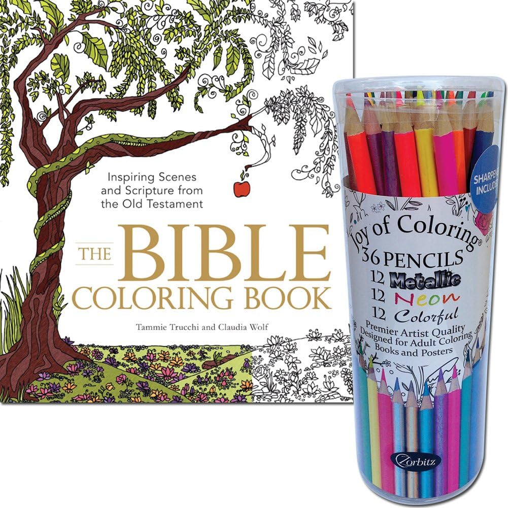 (Set) The Bible Coloring Book And 36-Pack Specialty Adult Colored Pencils