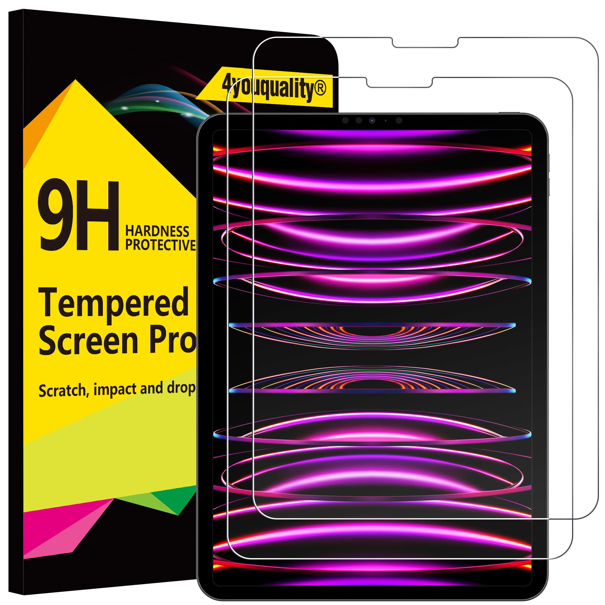 4youquality [2-Pack Screen Protector for iPad Pro 11-Inch (2022/2021/2020/2018 Model) & iPad Air 5/4 (10.9-Inch 2022/2020), Tempered Glass Film, Anti-Scratch, Impact-Resistant, Face ID Compatible