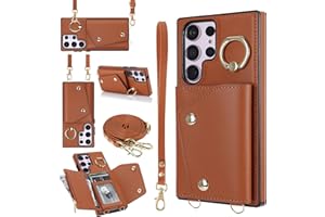 UEEBAI Crossbody Wallet Case for Samsung Galaxy S24 Ultra 5G, Card Slot Phone Case with Zipper Pocket Kickstand Purse Hand Strap Cover with Removable Crossbody Wrist Strap Flip Case - Brown
