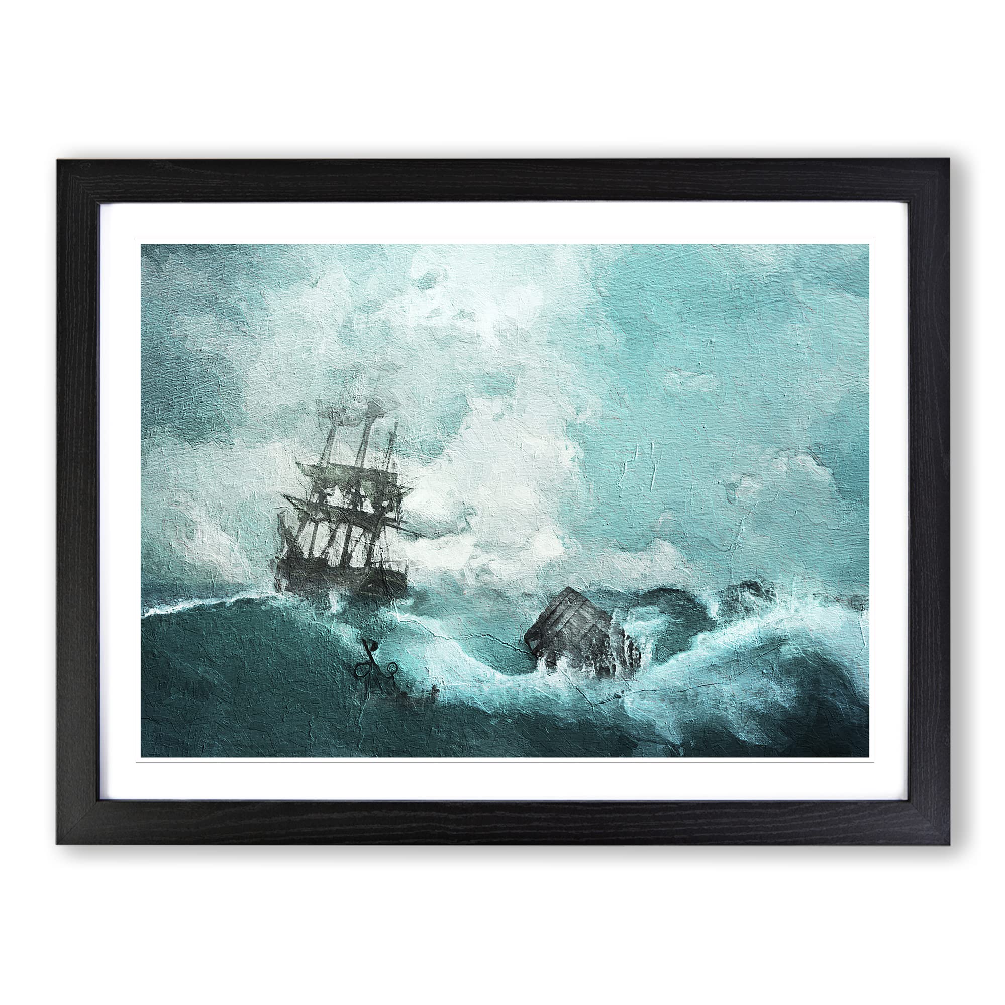 Pirate Ship Sailing Upon A Stormy Sea Modern Art Framed Print | A3 Black Framed Wall Art | Ready to Hang | Modern Vehicle Picture | Living Room Bedroom Lounge Office