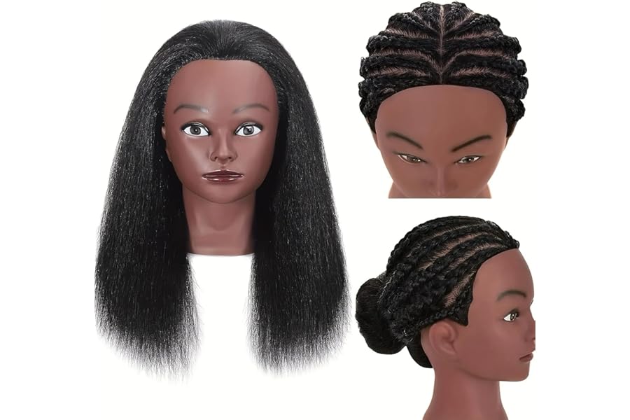 African Human Hair Mannequin Head for Braiding, 16 inch Cosmetology Manikin Doll Head with Real Hair for Styling Black Mannequin Head with Stand