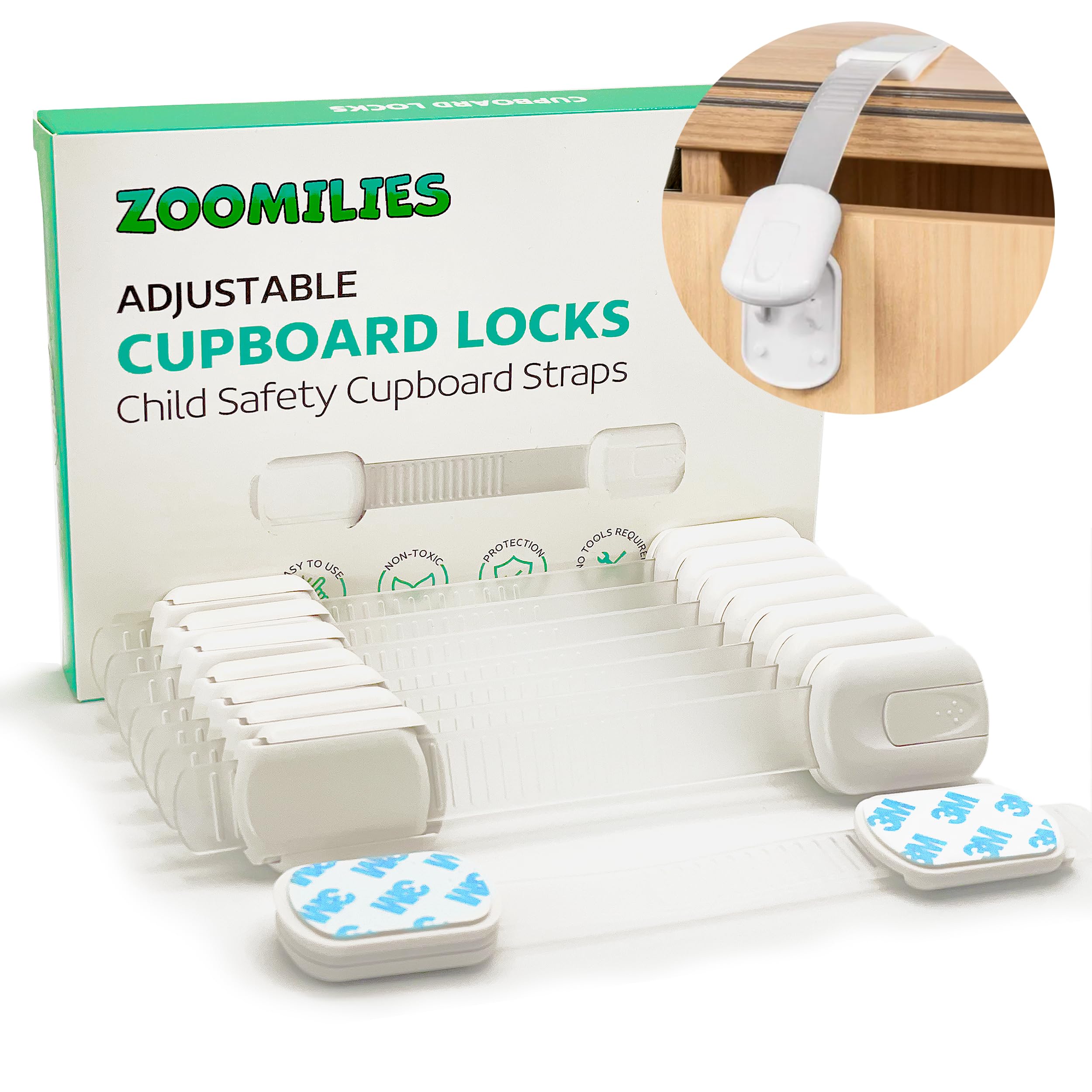 Child Safety Cupboard Locks (8 Pack), Baby Proof Cabinets, Doors & Drawers - No Tools Needed & Easy Install by ZOOMILIES