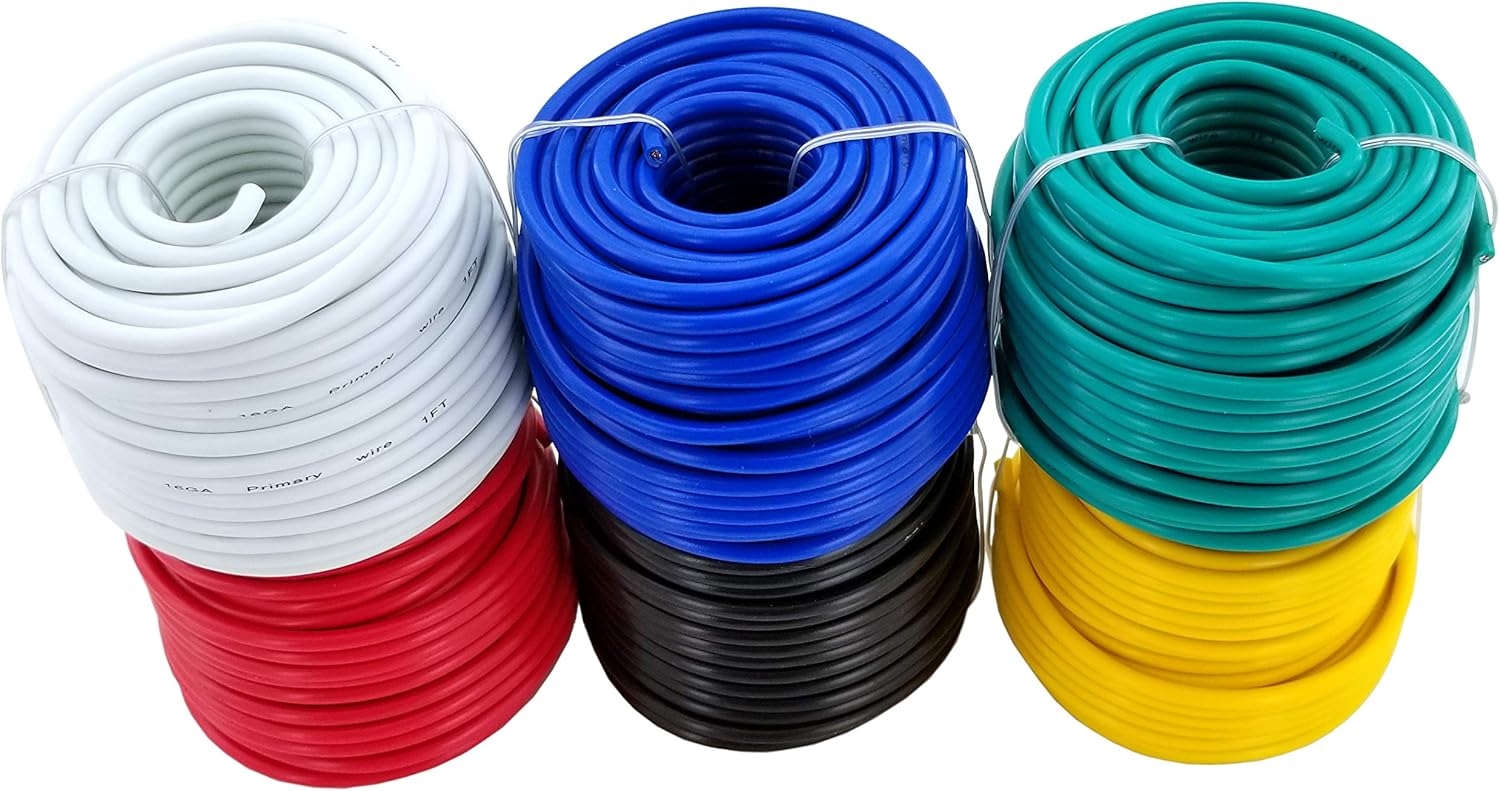 16 Gauge 6 Color Combo 50 Feet Roll (300 ft total) Copper Clad Aluminum Low Voltage Automotive Primary Harness Wire for Car Stereo Amplifier Remote Trailer Hookup Wiring (Also in 14 & 18 Guage): Automotive
