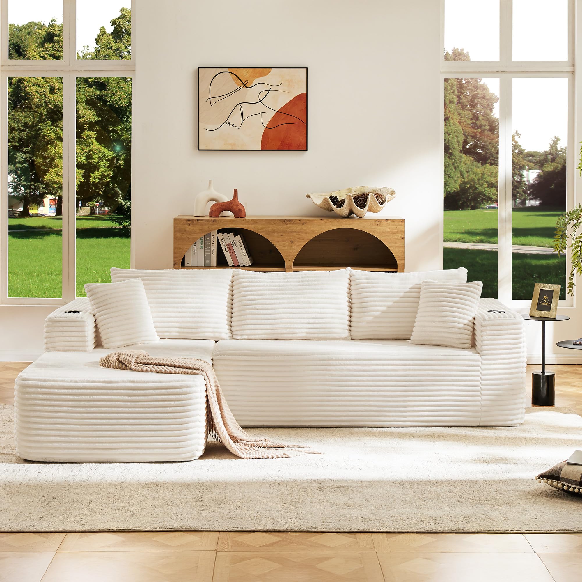 Photo 1 of *MISSING PARTS - See Clerk Notes*
Fahomiss Modular Compressed Sectional Sofa Set – Velvet Corduroy Upholstery, Convertible Couch with Cup Holders and Pillows for Living Room, Beige