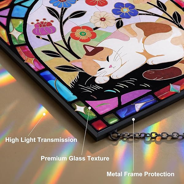 CAT STAINED GLASS WINDOW HANGING, 7.9″ SQUARE SUNCATCHER WITH CHAIN SUCTION CUP, CUTE KITTEN SUN CATCHERS INDOOR WINDOW, COLORFUL CAT DECOR FOR WALL, PORCH, BIRTHDAY, SLEEPY CALICO
