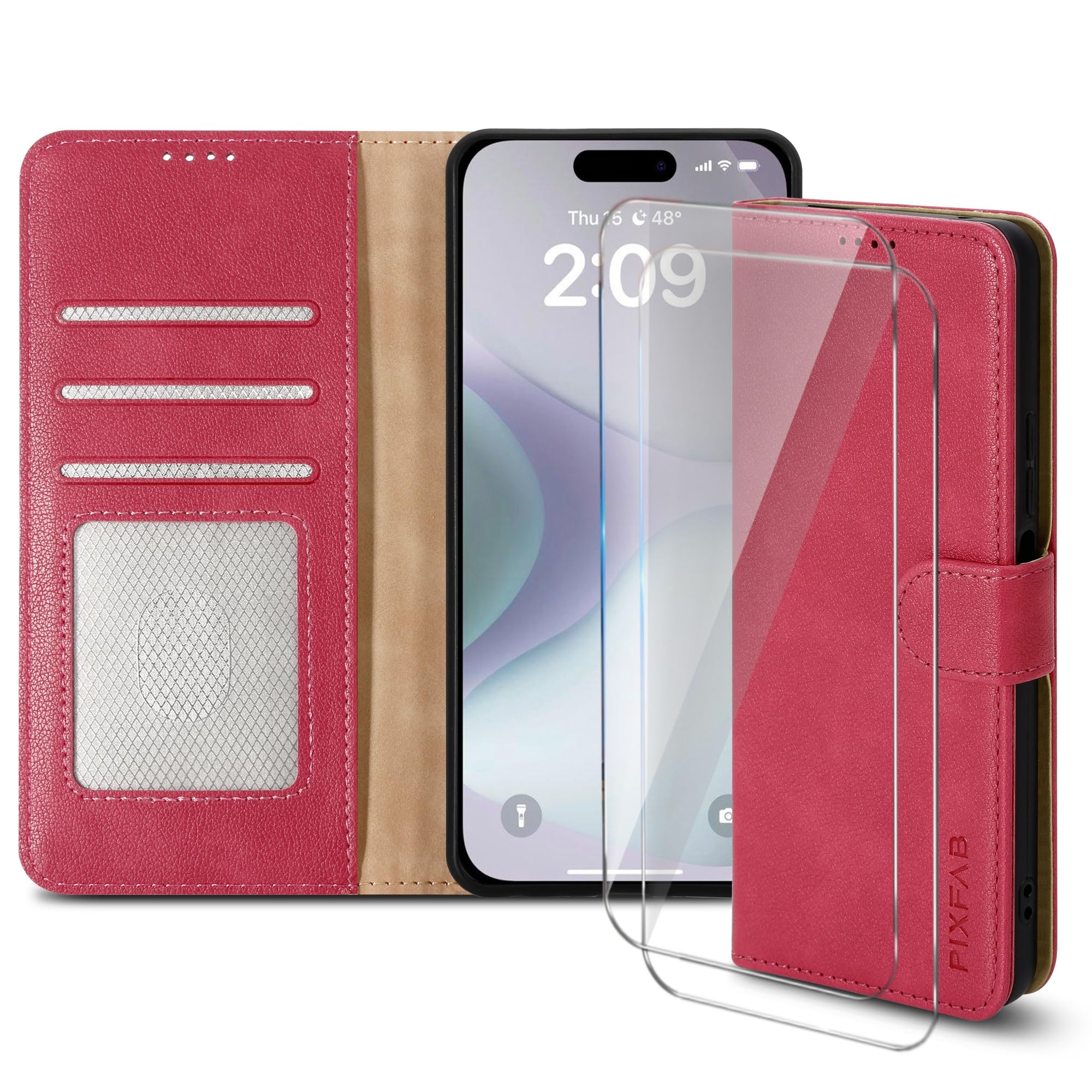 PIXFAB Case for iPhone 16 Plus with 2 x Screen Protector Tempered Glass, Leather Wallet Phone Case, Magnetic Book Flip Folio Cover [RFID Protection & Card Slots] and [Kickstand] - Pink