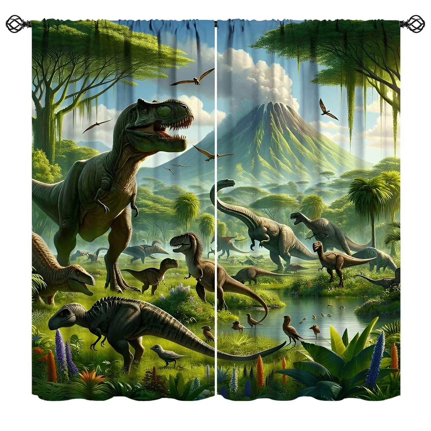Photo 1 of Mchenxin Dinosaur Curtains for Boys, Tropical Volcanic Jungle Green Landscape Fierce Dinosaur Blackout Window Treatments Drapes for Kids Teens Bedroom Living Room, 42" W X 63" L
