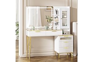 Chrangmay 47.24" Big Modern Vanity Desk with Mirror and Lights,Makeup Vanity Desk with 5 Drawers and Storage Shelves & Power Outlet,Dressing Table with Glass Top, White