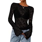 PRETTYGARDEN Womens Lace Long Bell Sleeve Tops 2026 Fall Sexy See Through Sheer Floral Blouse Shirt Spring Going Out Outfits