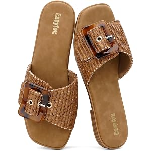 Easyfox Women's Raffia & Leather Slides Square Toe Buckle Flat Sandals | Woven & Faux Leather Strap, Adjustable Amber Buckle,