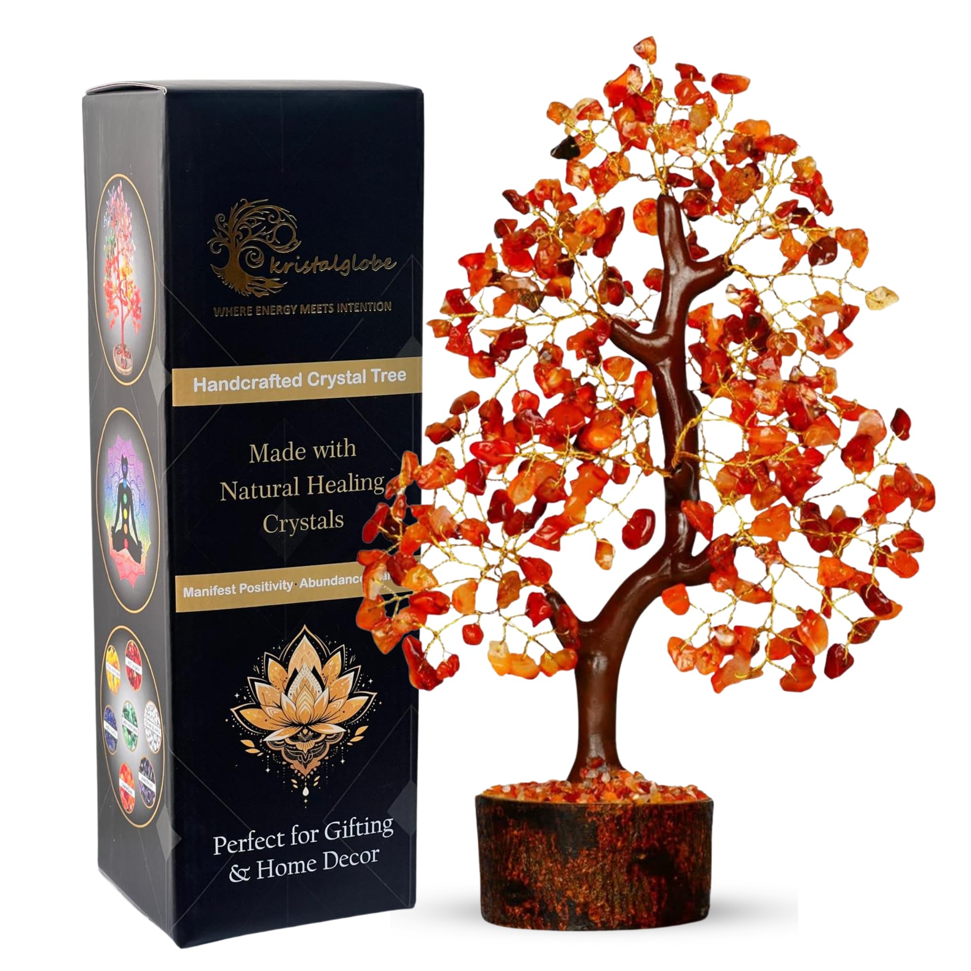 Carnelian Healing Crystal Tree of Life – Handmade Gemstone Bonsai 300 Natural Stones on Golden Wire & Wooden Base – Reiki, Meditation & Feng Shui Energy Décor – Spiritual Gift for Women, Mum & Home
