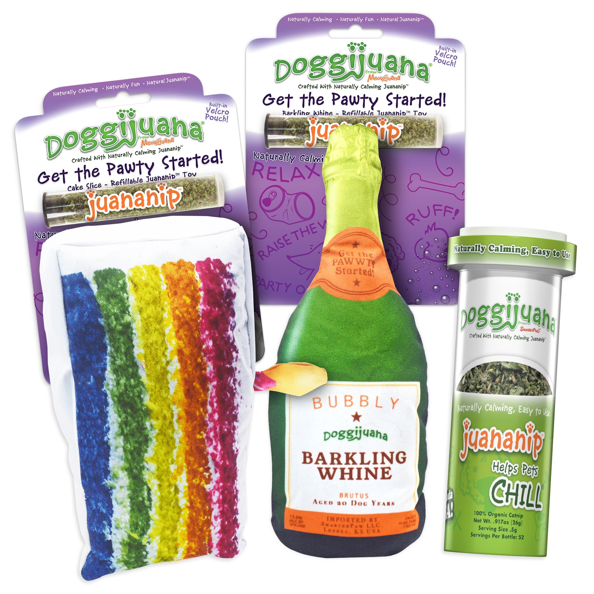 Doggijuana | Dog Toy and Juananip Bundles | Premium Catnip for Dogs | Helps Pets Chill | Naturally Calming (Cake, Whine, & Juananip Bundle)