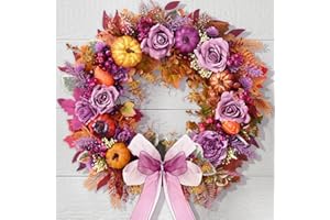 YASTOUAY Fall Decor - 2025 Fall Wreaths for Front Door Outside with Blooming Silk Rose, Lifelike Fall Pumpkin Purple Berries & Bow, 18" Fall Door Wreath with Lights for Thanksgiving Door Wall Outside