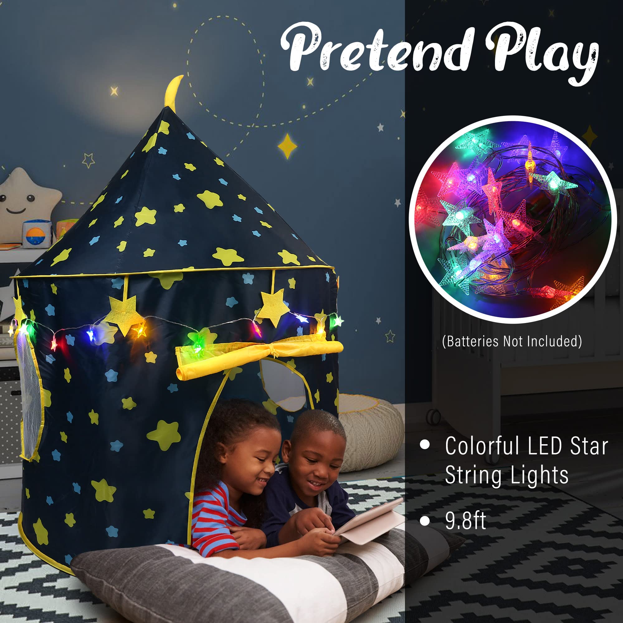 LotFancy Play Tent for Boys, with Star Lights and Storage Carrying Bag, Pop Up Play Tent House for Kids Toddlers, Indoor and Outdoor Use, Foldable, Portable, Blue