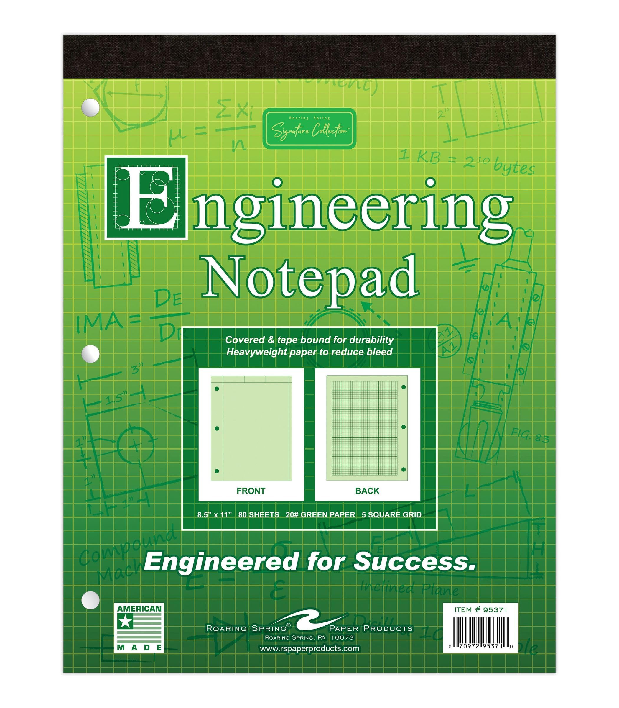 ROARING SPRING Signature Collection Covered Engineering Pad, Frame Front 1/2" Right Margin, 8.5" x 11", 80 Sheets, Heavyweight 20 lb Green Paper