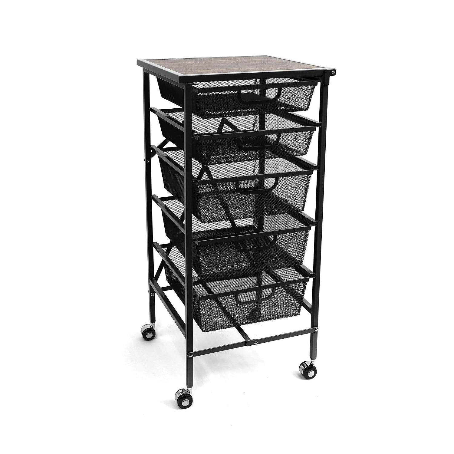 Origami Wheeled Folding Steel 5 Drawer Mesh Storage Kitchen Cart Wood Top Black