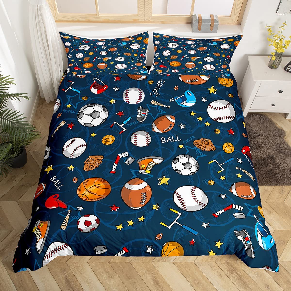 Basketball Bedding Set Football Baseball Rugby Duvet Cover for Kids Boys Girls Badminton Sports Theme Decor Bedding&Linen Various Ball Bedspread Cover Bedroom 3Pcs Double Size