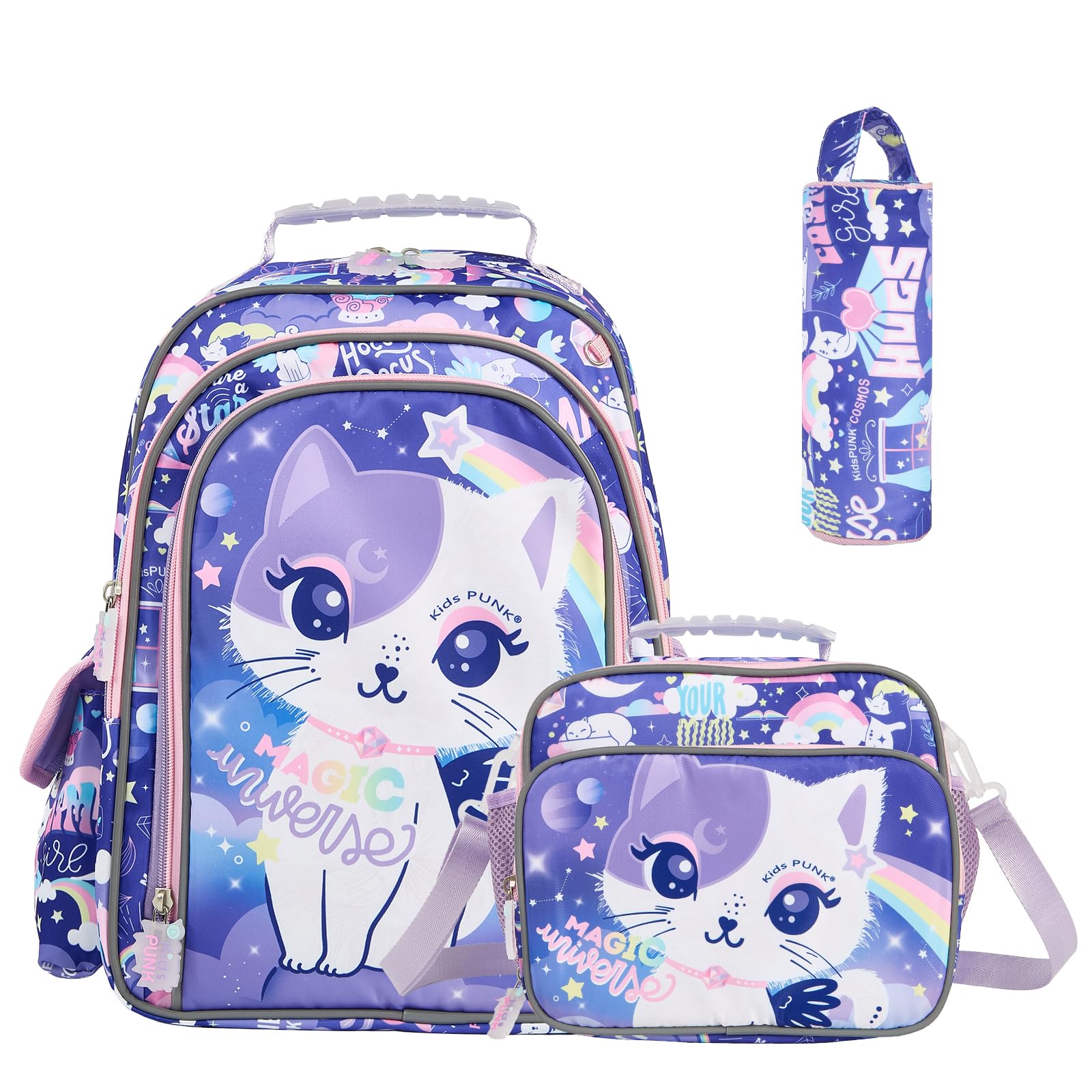 KidsPUNK 16 Inch Girls Backpack with Lunch Box and Pencil Case 3 in 1 Cute Purple Cat Backpacks for Girls Kindergarten Preschool Elementary Kawaii Kids Backpack