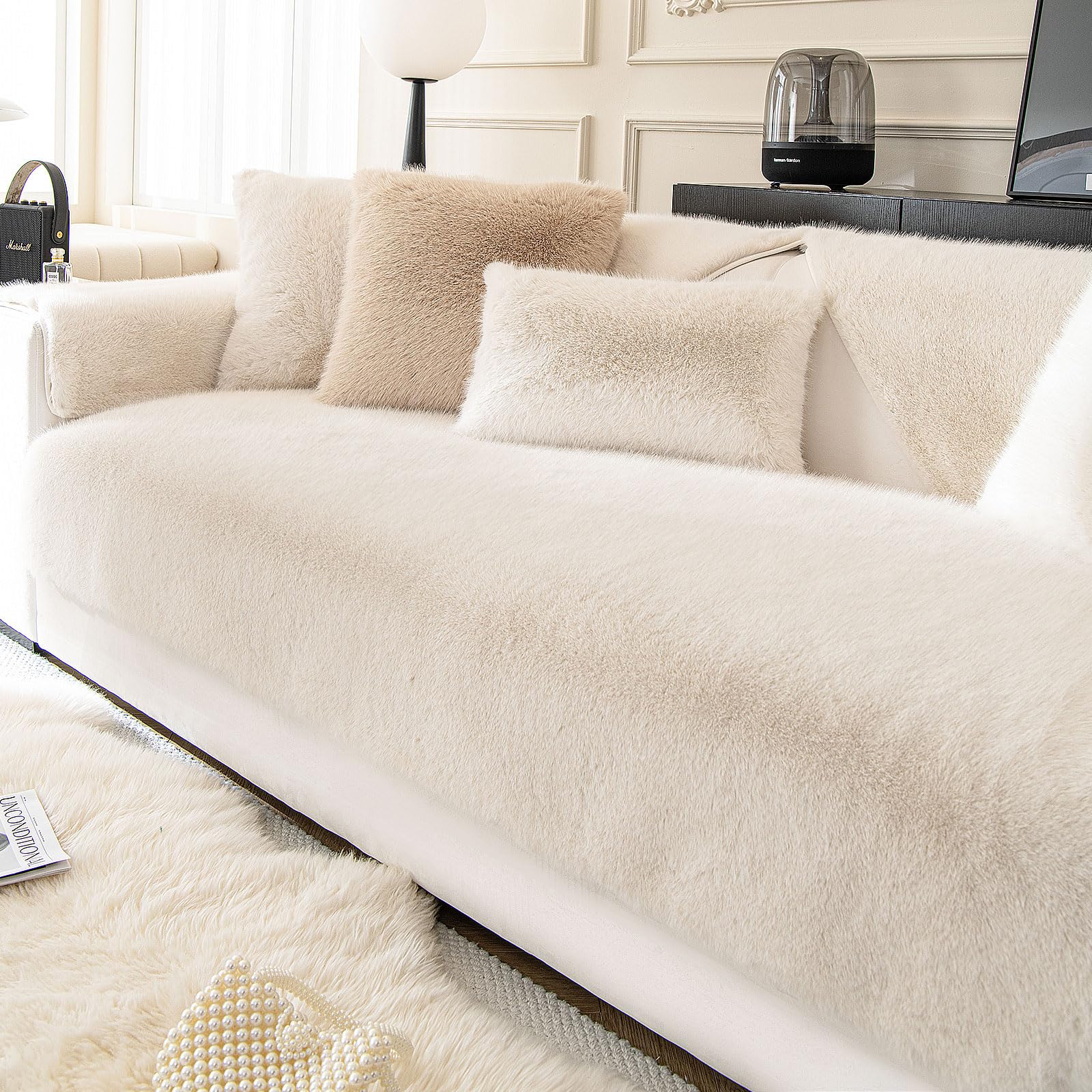 ShowyLive Soft Velvet Sofa Cover 1 2 3 4 Seater Non-Slip Couch Sofa Slipcovers Sofa Cushion Covers Sofa Protectors from Pets/Kids/Dogs (Beige, 35 * 71 inch)