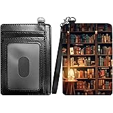 RWUTYTIUL Books Library Slim Minimalist Wallet with Lanyard Strap, PU Leather Front Pocket Wallet RFID Blocking Credit Card Holder Card Cases with ID Window for Man Woman Boy Girl