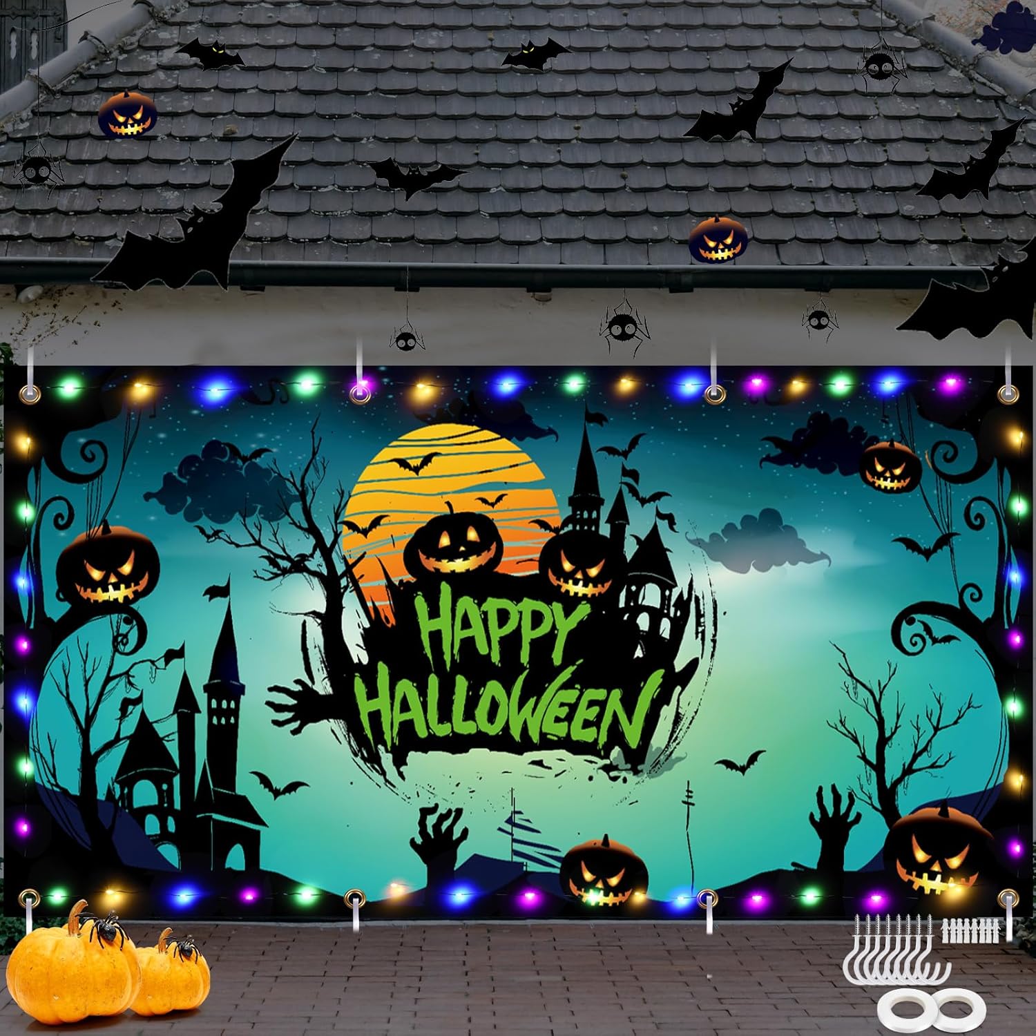 Garage Door Decorations - Mixweer 16 x 7 ft Halloween Garage Door Banner Cover with LED Light Halloween Banner Happy Halloween Backdrop Garage Door Decorations 8 Screws and 8 Glue Plugs for Home Porch Yard Holiday Party