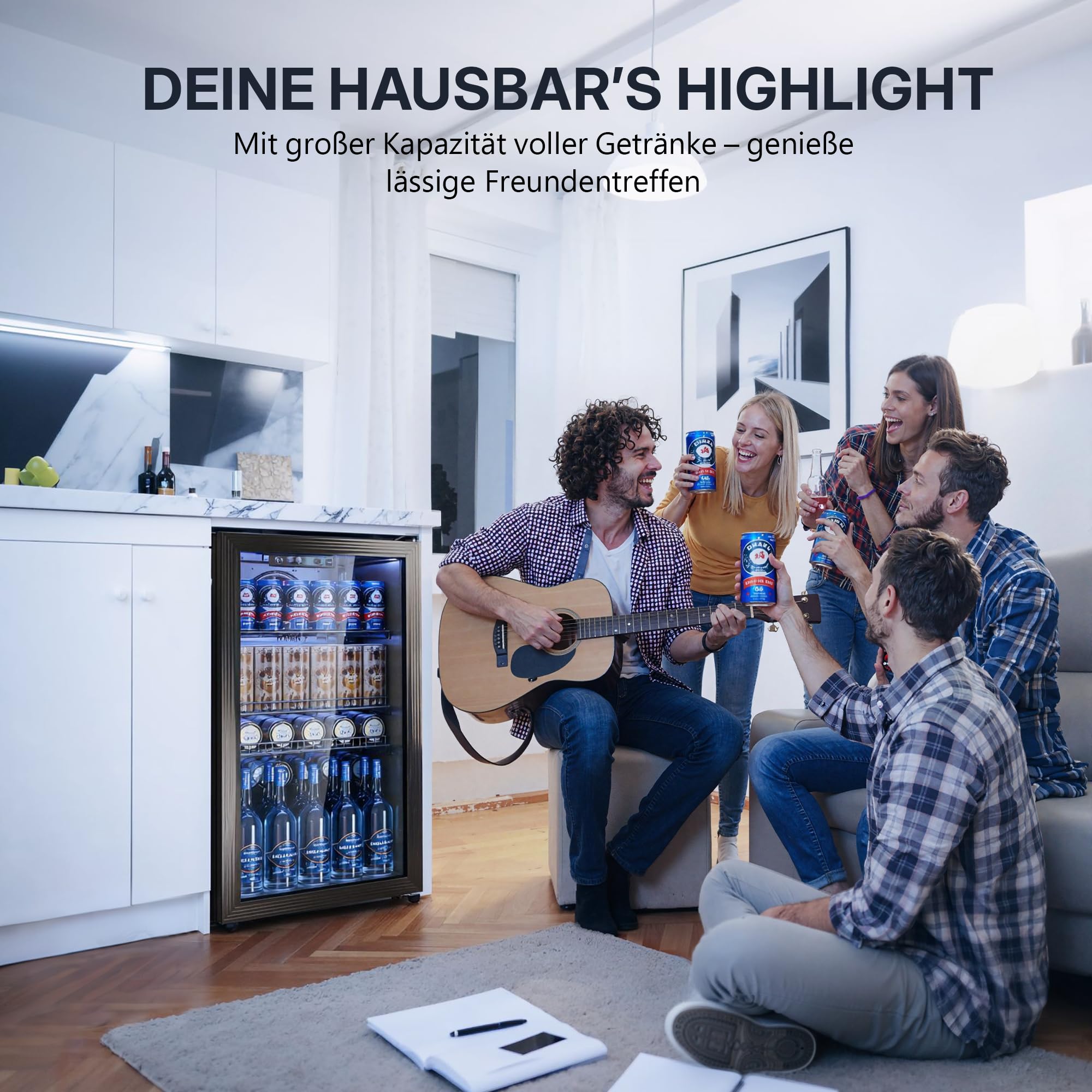 TRIUMPHKEY 90L Mini-Kühlschrank mit Glasfront (Glastür), Kompakter Getränkekühlschrank für bis zu 128 Dosen, mit verstellbaren Regalen für Bier, Wein, Soda, Ideal für Haushalt, Bar, Büro, Wohnung 8