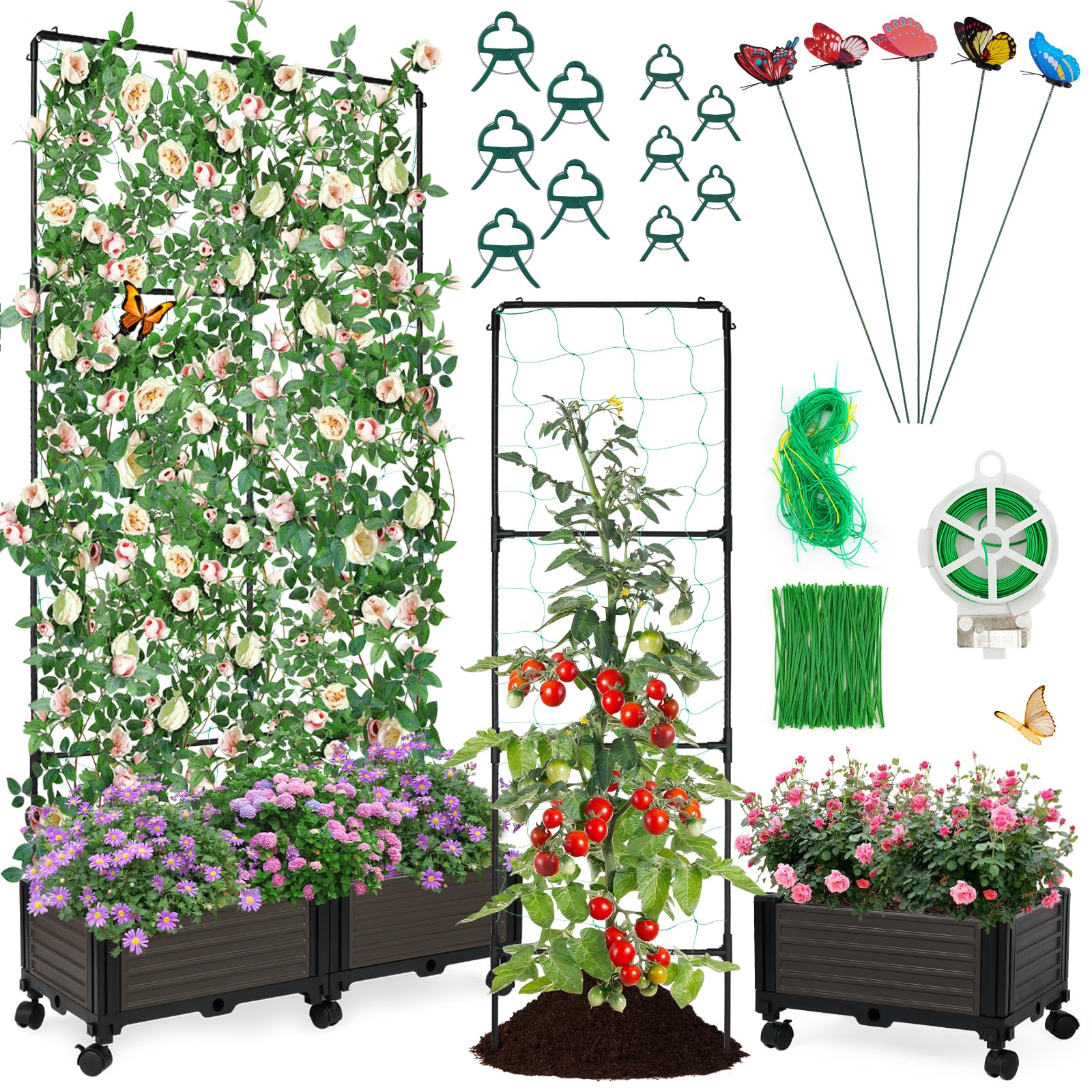 Photo 1 of GNILLKO Raised Garden Beds with Trellis, 59" Polypropylene Elevated Planter Boxes with Wheels for Vegetables, Flowers, Herbs, Garden Box with Drain Outlet, Heat and Frost Resistance Planters