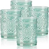 abrwyy Glassware set of 4, Vintage Drinking Glasses, 10oz Heavy Duty Glass Cups, Colored Glassware Set, Embossed Glasses Set for Party Wedding Home Office Glassesware Gift