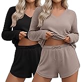 Yearntown 2 Pack Women's Waffle Knit Lounge Sets Long Sleeve V Neck Pajama Sets Tops and Shorts Loungewear with Pockets