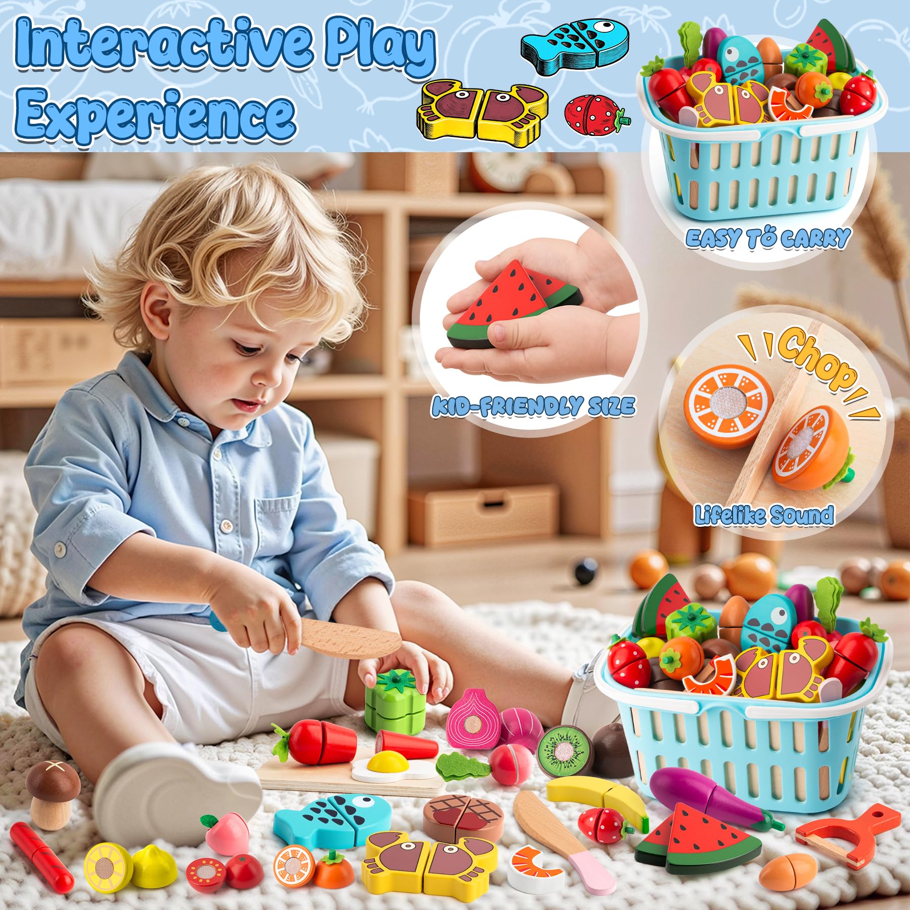 BunnyJOY Kinderküche Zubehor Holz, Spielküche Zubehor, Kaufladen Zubehör, Küchenspielzeug Holz, Küchenzubehor Kinder, Lebensmittel Spielzeug, Schneideset Obst Gemuese, 26 Stück 3