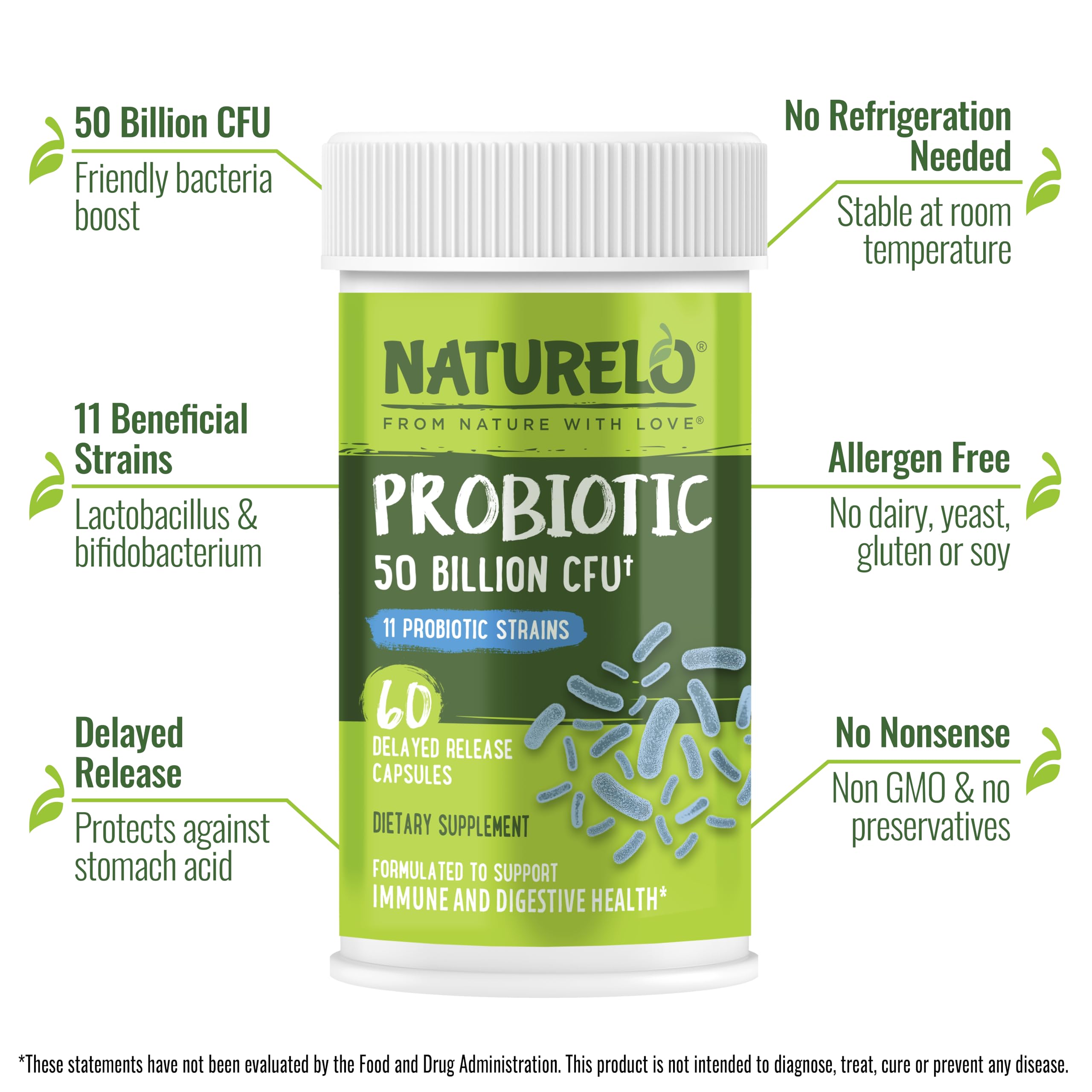 NATURELO Probiotics for Digestive Health - 50 Billion CFU, 11 Strains Daily Supplement - Boosts Immune System, Delayed Release, 60 Vegetarian Capsules