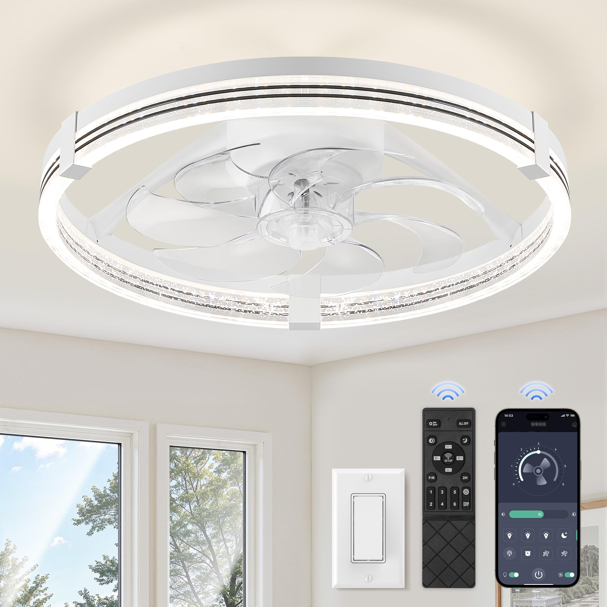 Photo 1 of ZMISHIBO Low Profile Ceiling Fans with Lights, Flush Mount Modern Ceiling Fan and Remote Control, 20" LED Ceiling Fans, Stepless Dimmable 3 Colors and 6 Speeds