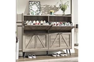Sscaktu Shoe Cabinet Storage for Entryway, Shoe Cabinet with 4 Flip Drawers, Hidden Slim Shoe Organizer, Narrow Shoe Storage Cabinet Shoe Closet Shoe Rack for Hallway, Light Rustic Grey
