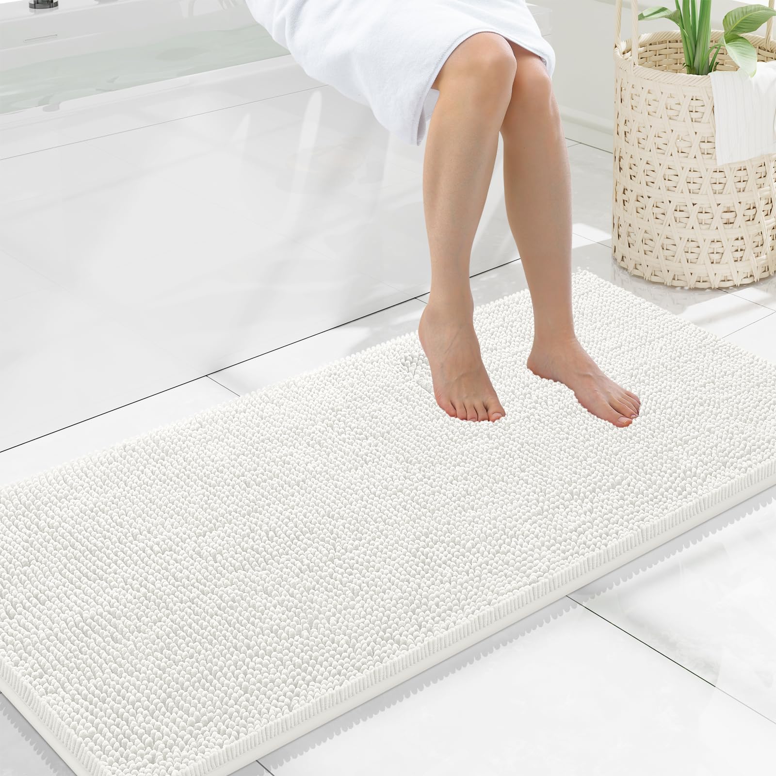 Photo 1 of Smiry Luxury Chenille Bathroom Rugs 47x20, Extra Soft and Absorbent Shaggy Bath Mat, Machine Washable, Non-Slip Plush Carpet Runner for Tub, Shower, and Floor, Home Decor Accessories, Ivory