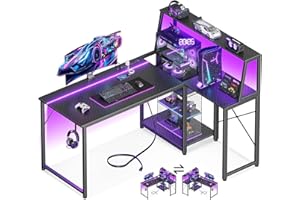MOTPK L Shaped Gaming Desk with Power Outlet, Computer Desk with LED Lights, Corner Desktop Showcase for Computer Towers, Display Storage Shelf, 45 inch, Black