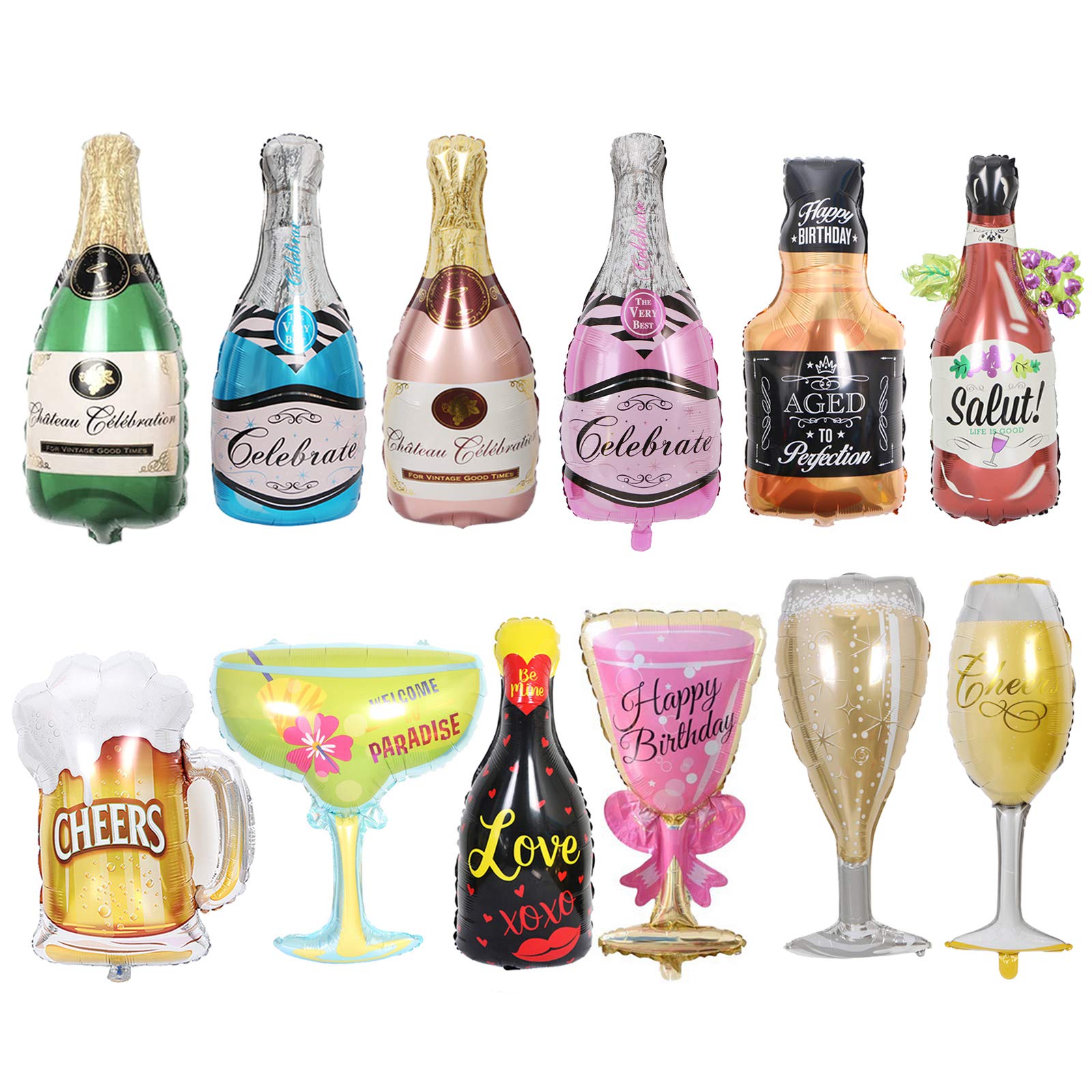 12PCS Aluminum Foil Helium Mylar Balloons, Champagne Bottle Goblet Hydrogen Whiskey Beer Cup Balloons, Decoration Supplies for Birthday Graduation Anniversary Wedding Ceremony