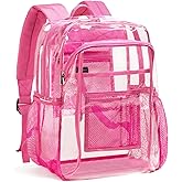 Vorspack Clear Backpack Heavy Duty - Clear Book Bag with Multi-pockets Large See Through Backpack for College Workplace - Pink