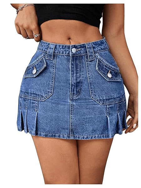 BEAUDRM WOMEN’S LOW WAIST MINI DENIM SKIRT BUTTON FRONT PLEATED BODYCON JEAN SHORT SKIRTS DARK WASH X-SMALL