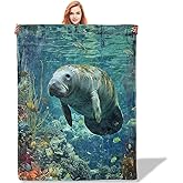 Plistiz Ocean Manatee Throw Blanket for Women Girls Boys, Soft Flannel Blankets Gifts for Living Room Couch, Home, Sofa Decor, 50"x60"