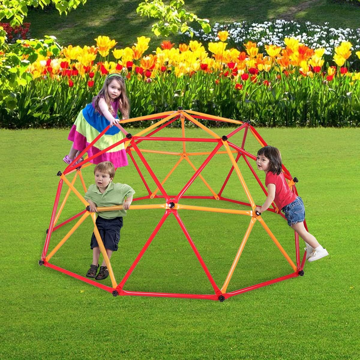 JAXPETY Outdoor Dome Climber Playground Children Kid Swing Set Climbing Frame Backyard Gym, Red and Yellow: Toys & Games